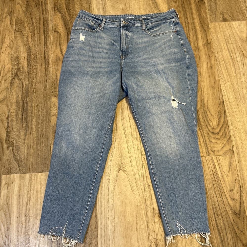 Old Navy Curvy OG Straight Jean 16 Blue High Rise Ankle Raw Hem Destroy 34X27"